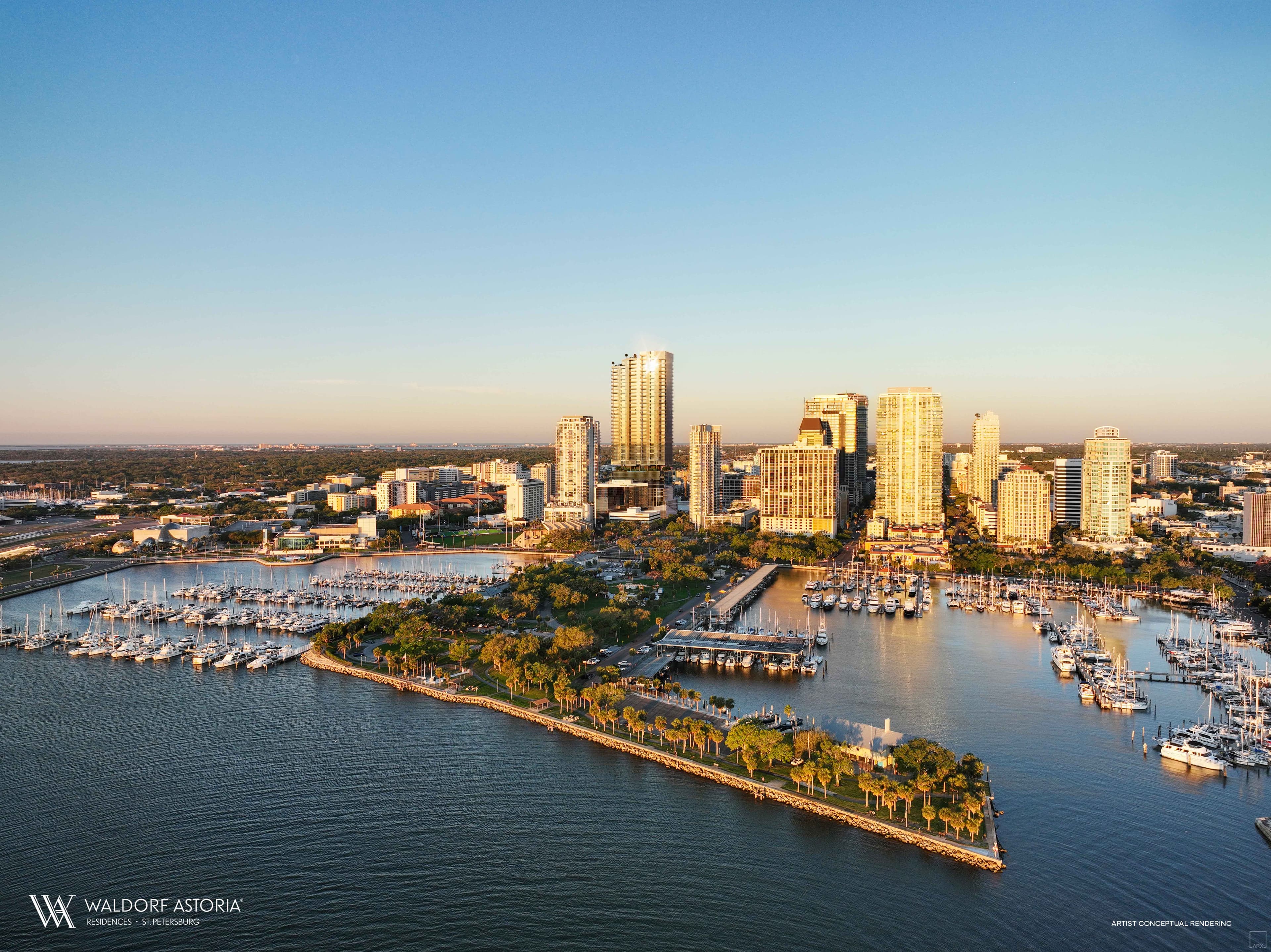 Waldorf Astoria Residences St. Petersburg — 50-story waterfront tower rendering at sunset