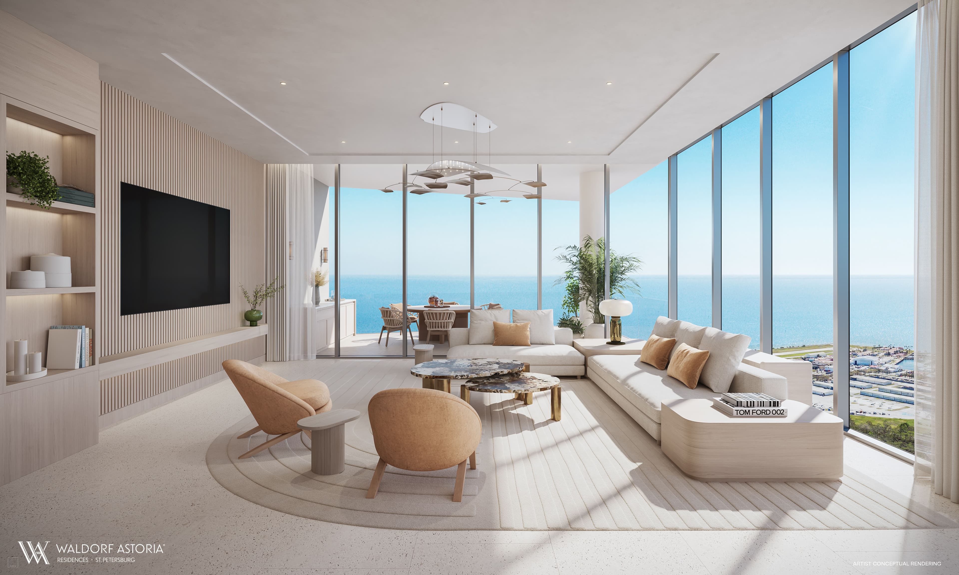 Residence living room with panoramic waterfront views