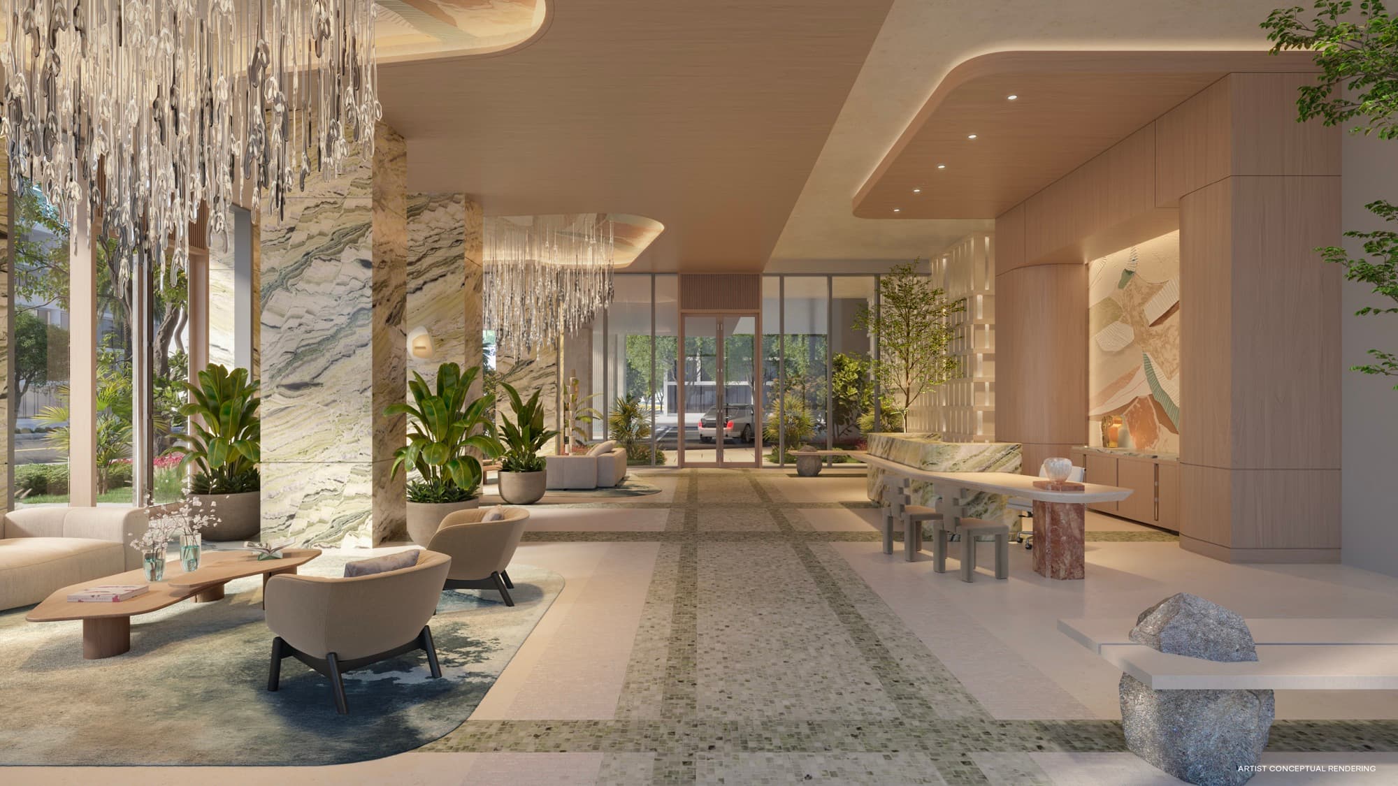 Grand arrival lobby with Waldorf Astoria signature design
