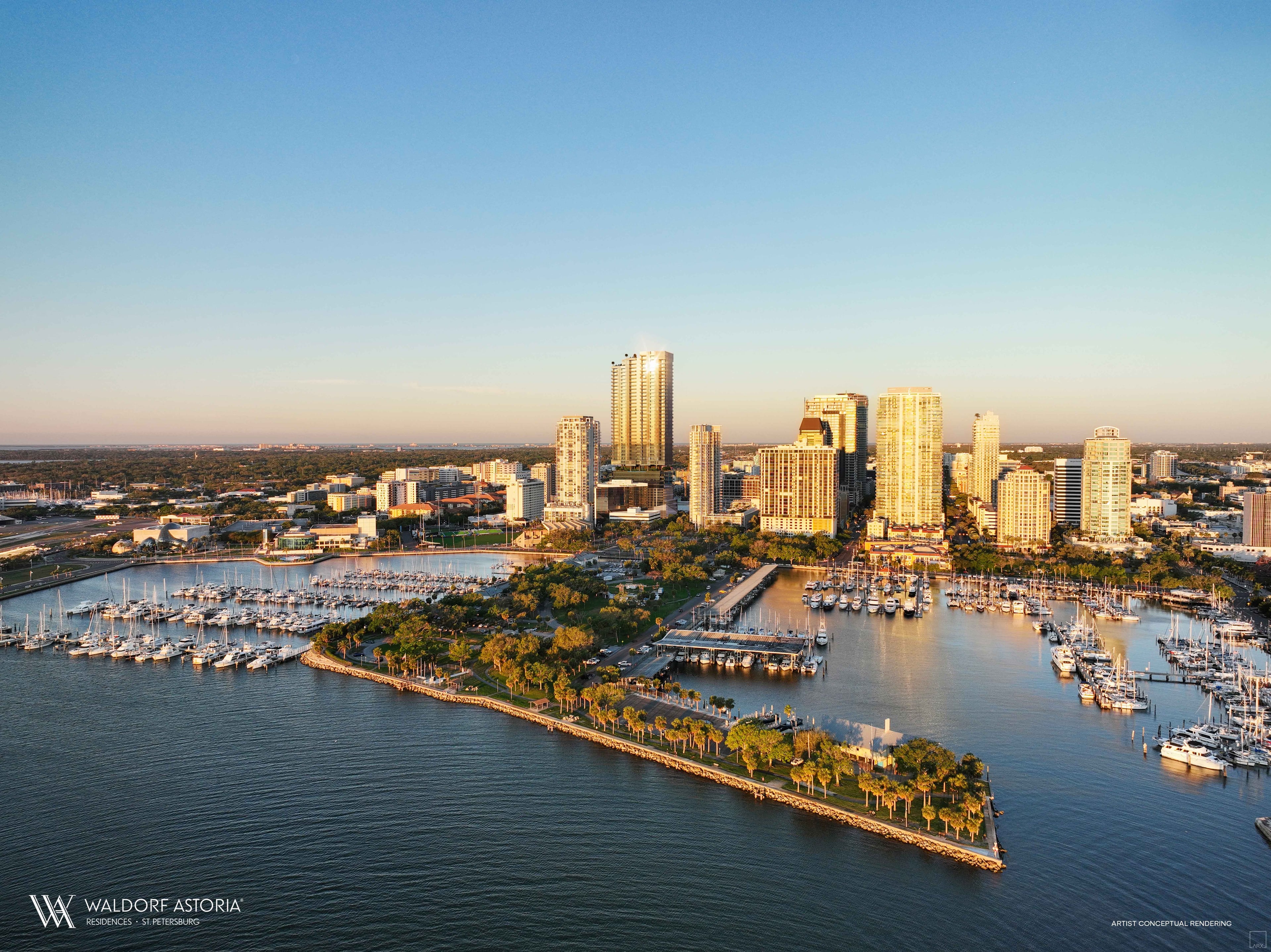 Waldorf Astoria Residences St. Petersburg — 50-story waterfront tower rendering at sunset